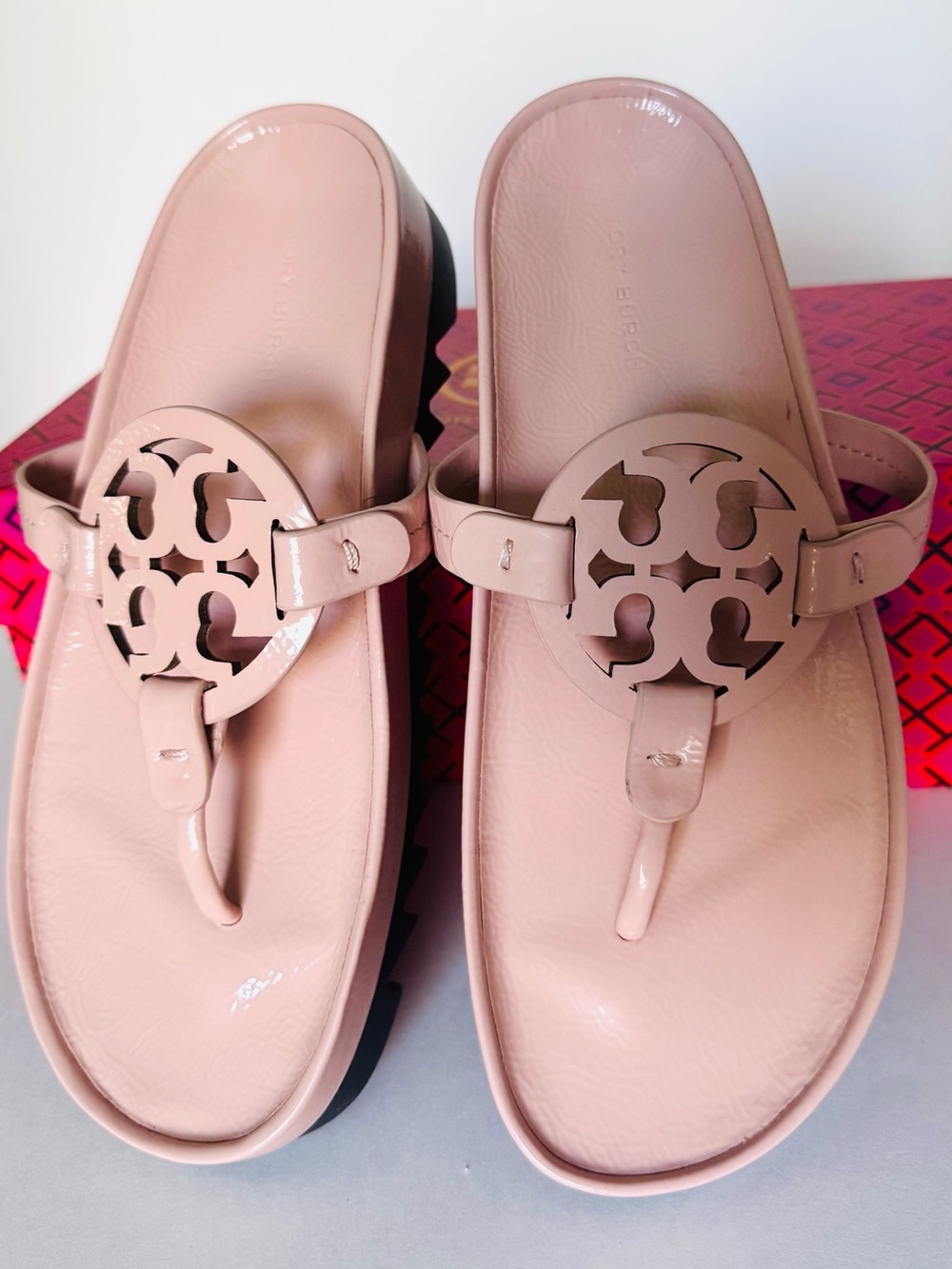 Tory Burch Miller Cloud Lug Sole Blush Nude Pink Patent Leather Sandals size 7.5 - Picture 11 of 12